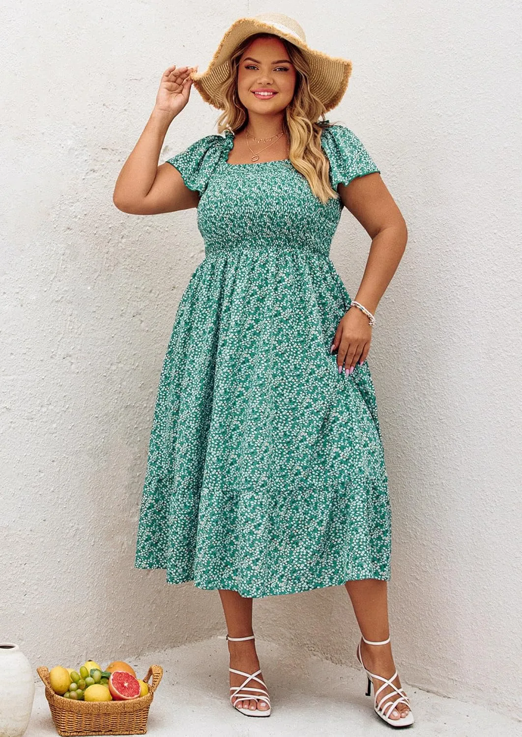 Hanna Nikole Women's Plus Size Summer Maxi Dress Short Sleeve Smocked Square Neck Casual Floral Flowy Dresses with Pockets