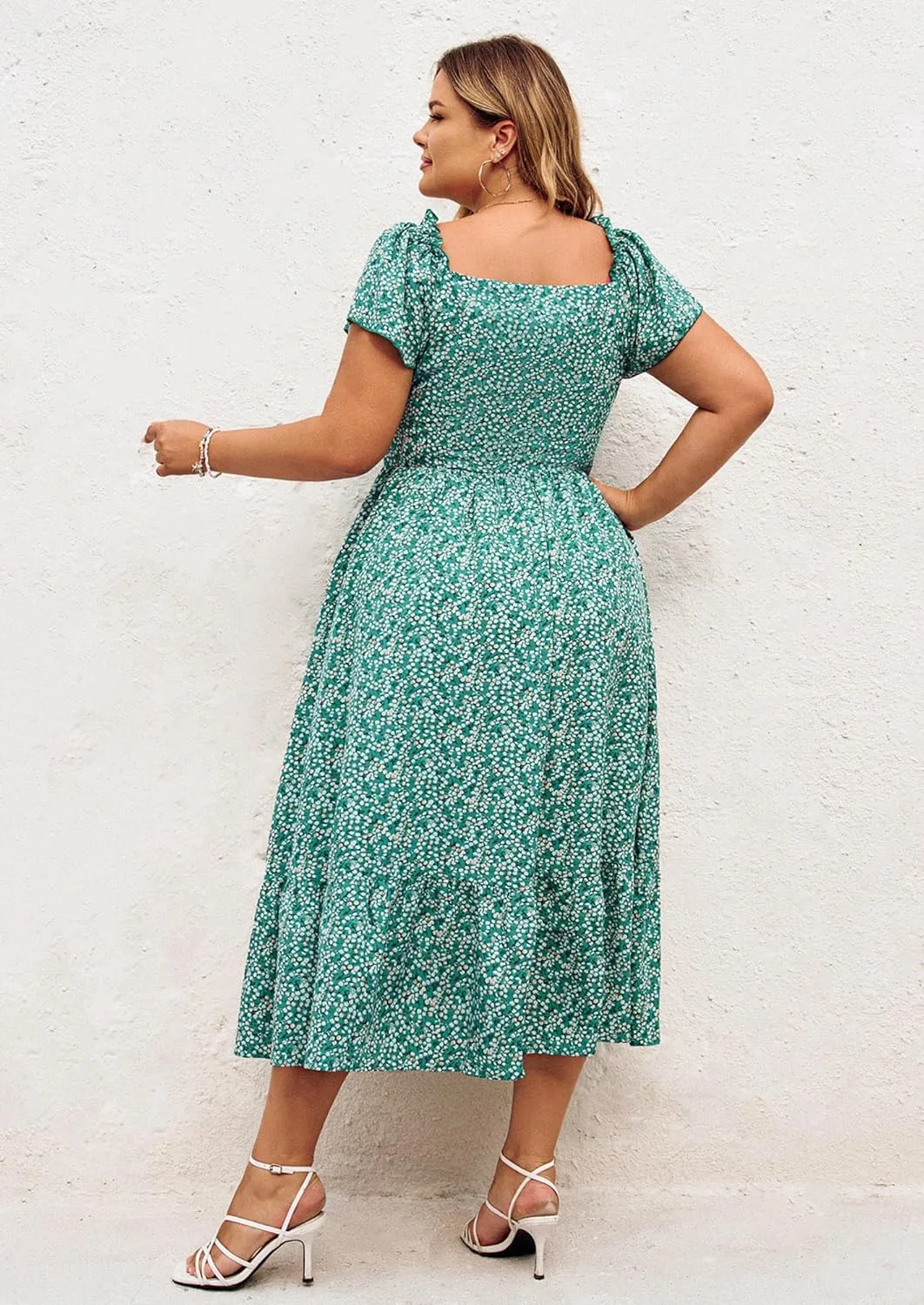 Hanna Nikole Women's Plus Size Summer Maxi Dress Short Sleeve Smocked Square Neck Casual Floral Flowy Dresses with Pockets