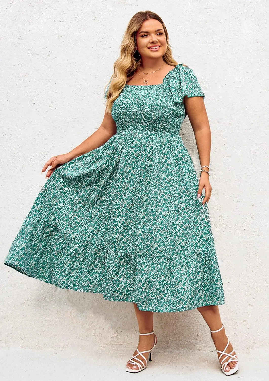 Hanna Nikole Women's Plus Size Summer Maxi Dress Short Sleeve Smocked Square Neck Casual Floral Flowy Dresses with Pockets
