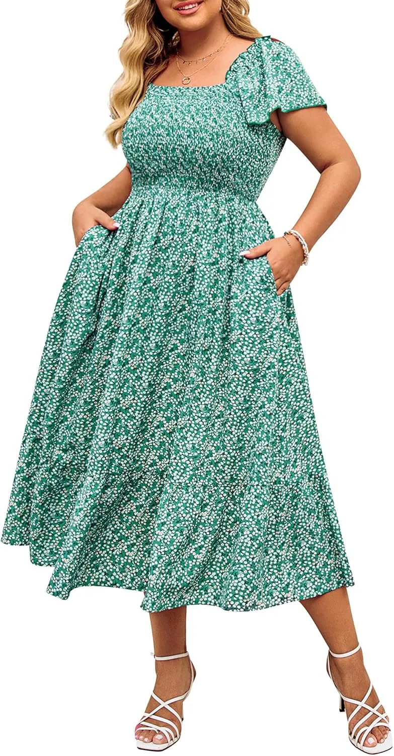 Hanna Nikole Women's Plus Size Summer Maxi Dress Short Sleeve Smocked Square Neck Casual Floral Flowy Dresses with Pockets