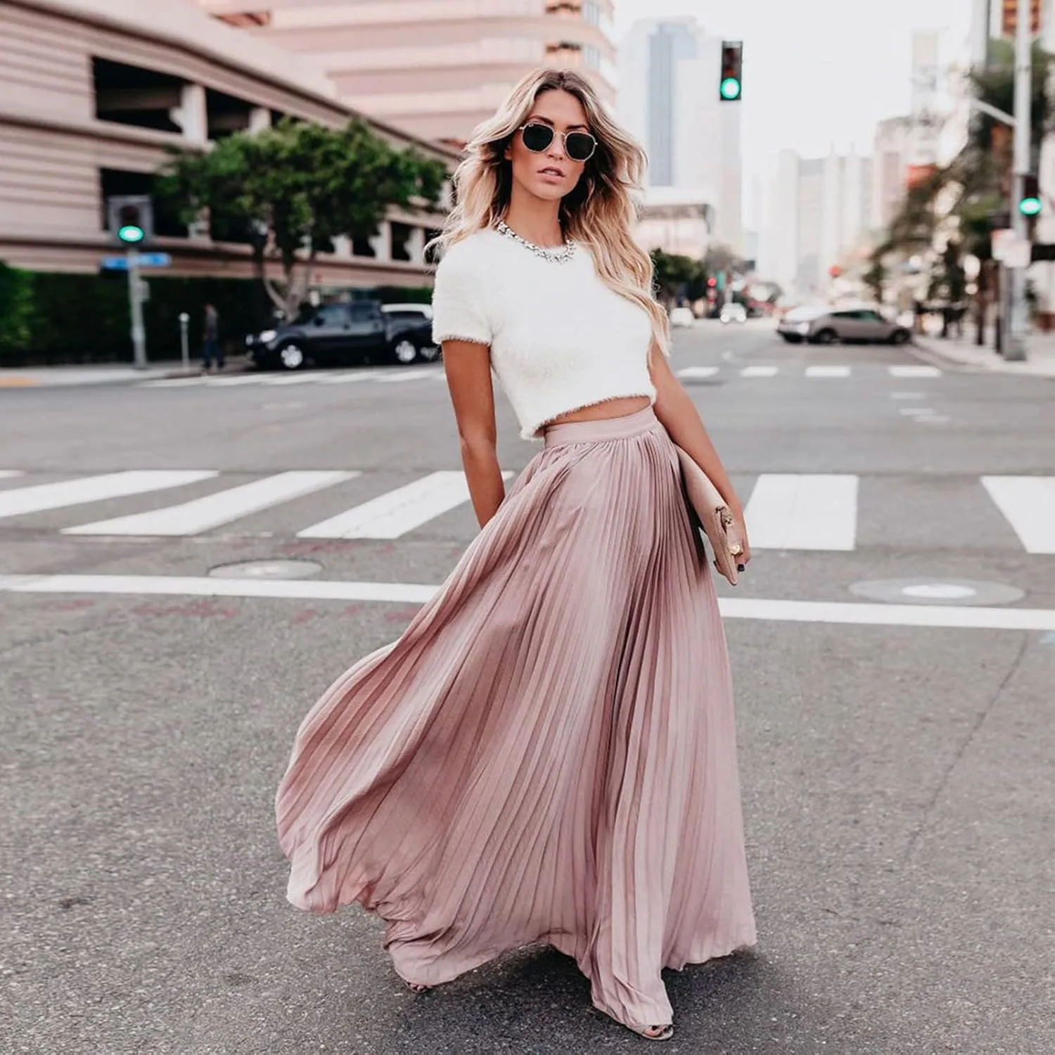 HGps8w Women's Flowy Pleated Maxi Skirt 2025 Summer Vintage Elegant High Waisted Plain Long Skirts