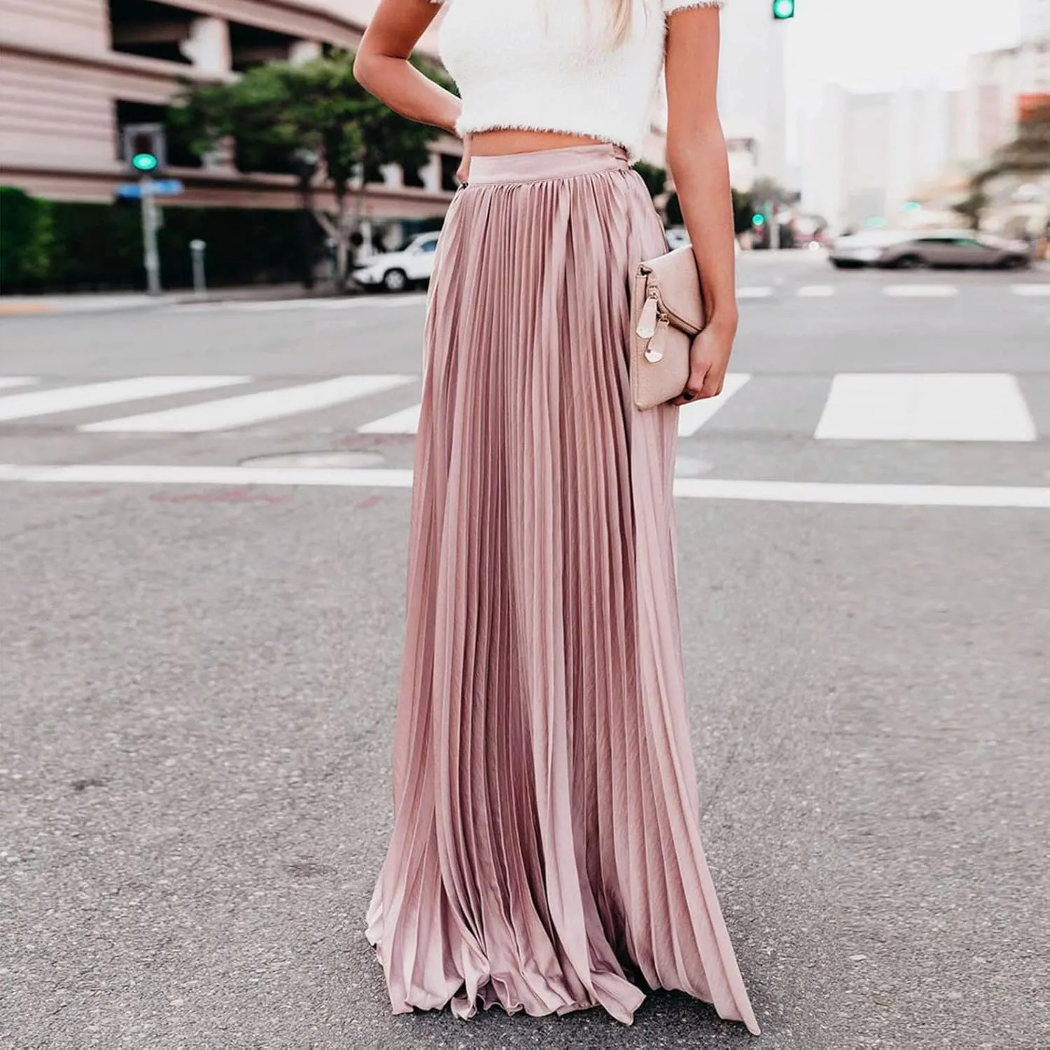 HGps8w Women's Flowy Pleated Maxi Skirt 2025 Summer Vintage Elegant High Waisted Plain Long Skirts