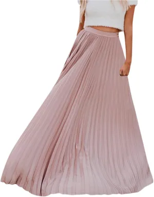 HGps8w Women's Flowy Pleated Maxi Skirt 2025 Summer Vintage Elegant High Waisted Plain Long Skirts