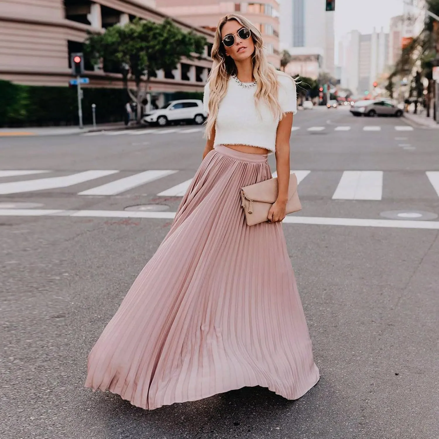 HGps8w Women's Flowy Pleated Maxi Skirt 2025 Summer Vintage Elegant High Waisted Plain Long Skirts