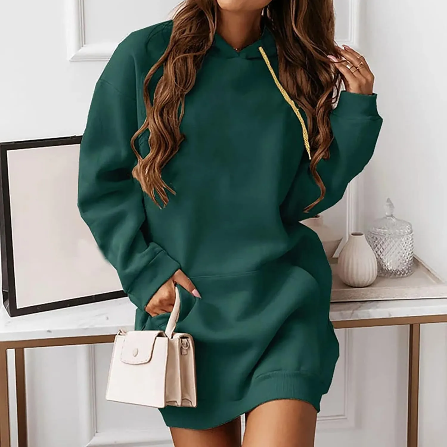 Hooded Sweatshirt Dress for Women Long Sleeve Casual Mini Dress with Pocket Oversized Solid Color Pullover Dresses