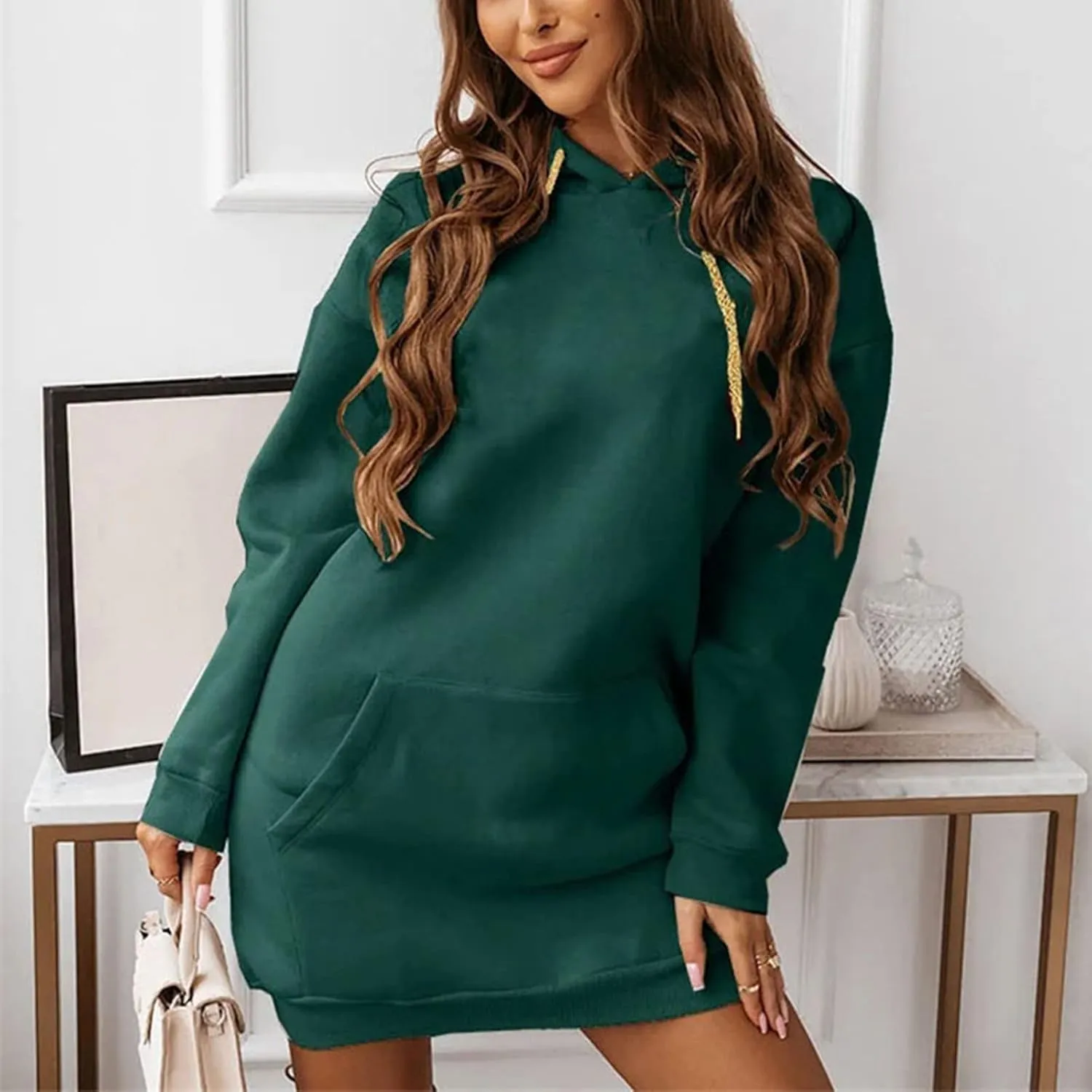 Hooded Sweatshirt Dress for Women Long Sleeve Casual Mini Dress with Pocket Oversized Solid Color Pullover Dresses