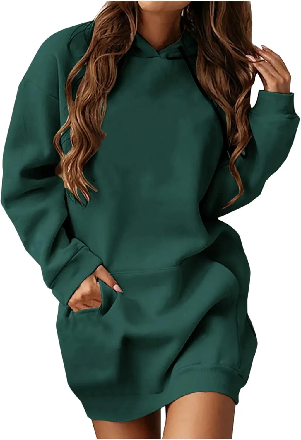 Hooded Sweatshirt Dress for Women Long Sleeve Casual Mini Dress with Pocket Oversized Solid Color Pullover Dresses