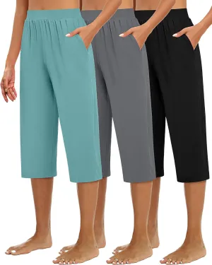 Huukeay 3 Pack Women's Capri Sweatpants, Cozy Wide Legs Cropped Capri with Pockets, Lounge Jogger Pants Workout Yoga Solid