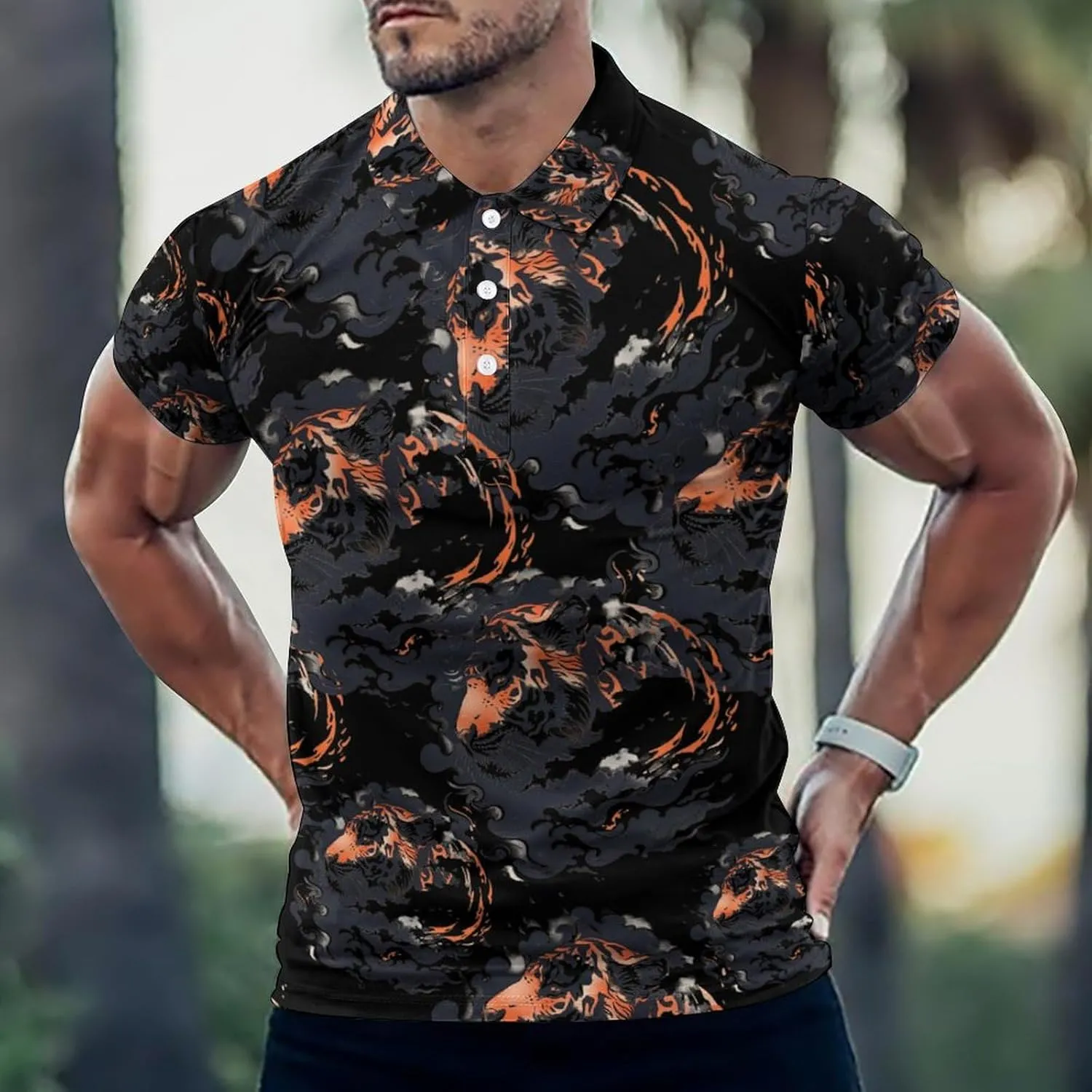 Japanese Tiger Clouds Mens Polo Shirts Quick Dry Short Sleeve T-shirts Slim Tennis Collared Tees Tops