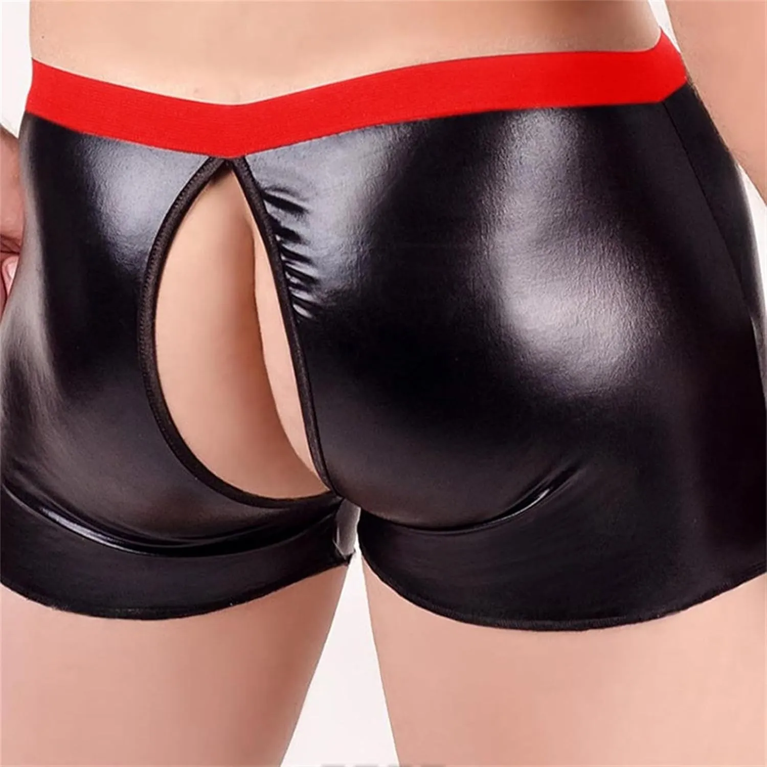 JEKE-DG Men's Hollow Out Sexy Wetlook Shorts Leather Removable Pouch Boxer Briefs Slim Low Waist Clubwear Boyshorts