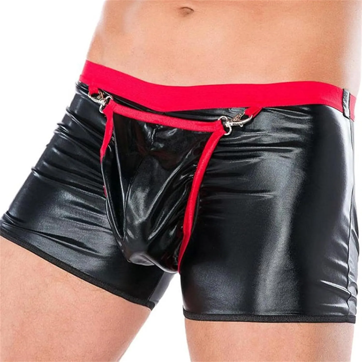 JEKE-DG Men's Hollow Out Sexy Wetlook Shorts Leather Removable Pouch Boxer Briefs Slim Low Waist Clubwear Boyshorts