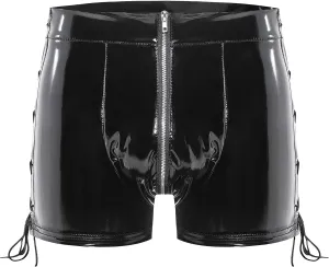 JEKE-DG Men's Zipper Crotch Wetlook Sexy Shorts PVC Leather Slim Fit Boxer Briefs Drawstring Stretch Clubwear Boyshorts
