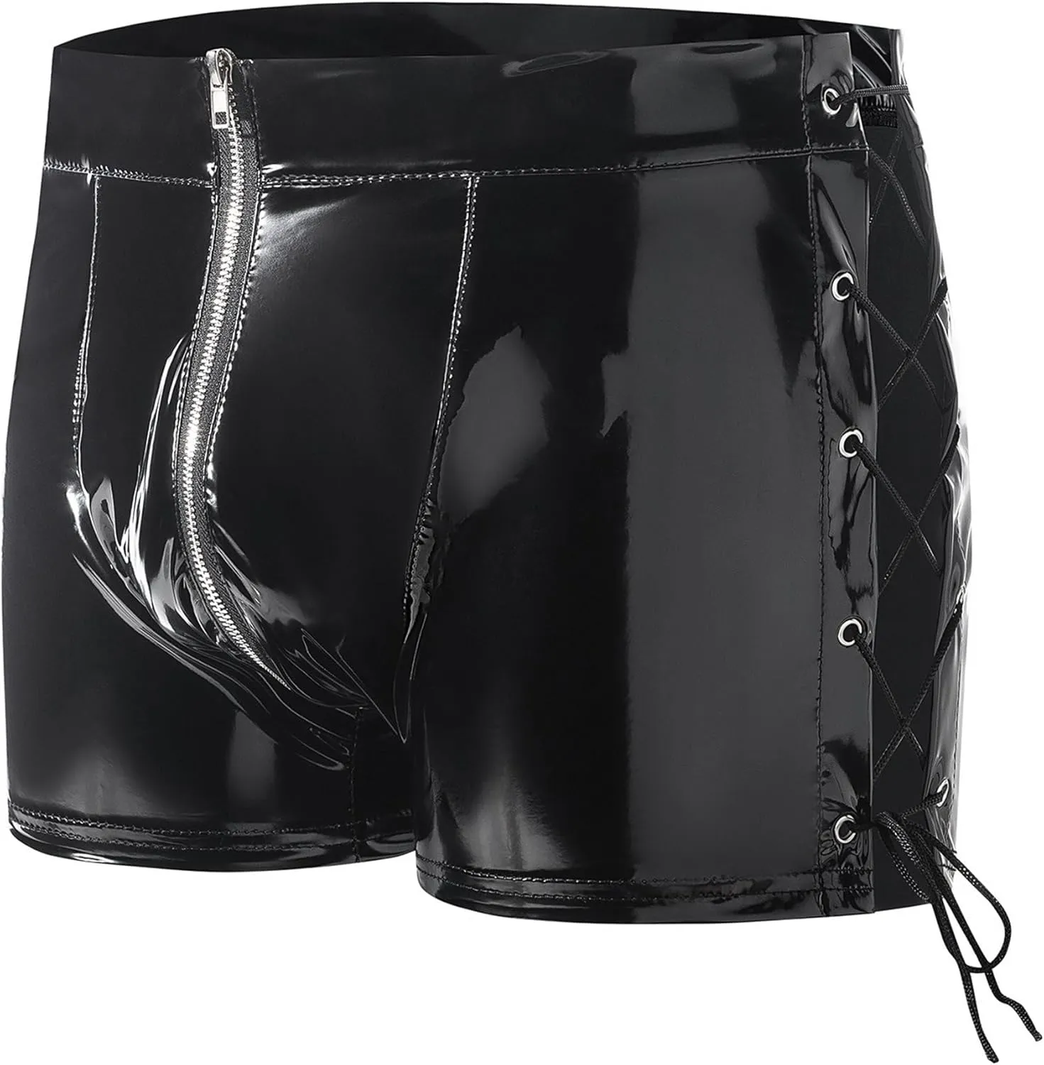 JEKE-DG Men's Zipper Crotch Wetlook Sexy Shorts PVC Leather Slim Fit Boxer Briefs Drawstring Stretch Clubwear Boyshorts