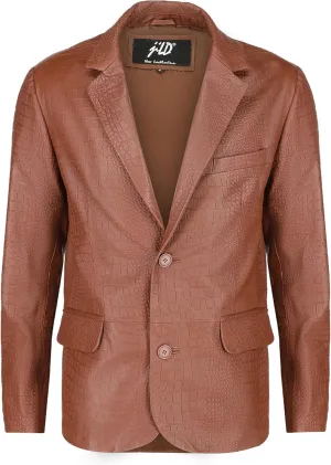 Jild 2-Button Croco Printed Premium Leather Blazer For Men - Notched Lapel Casual Coat Style Lambskin Leather Jacket Men