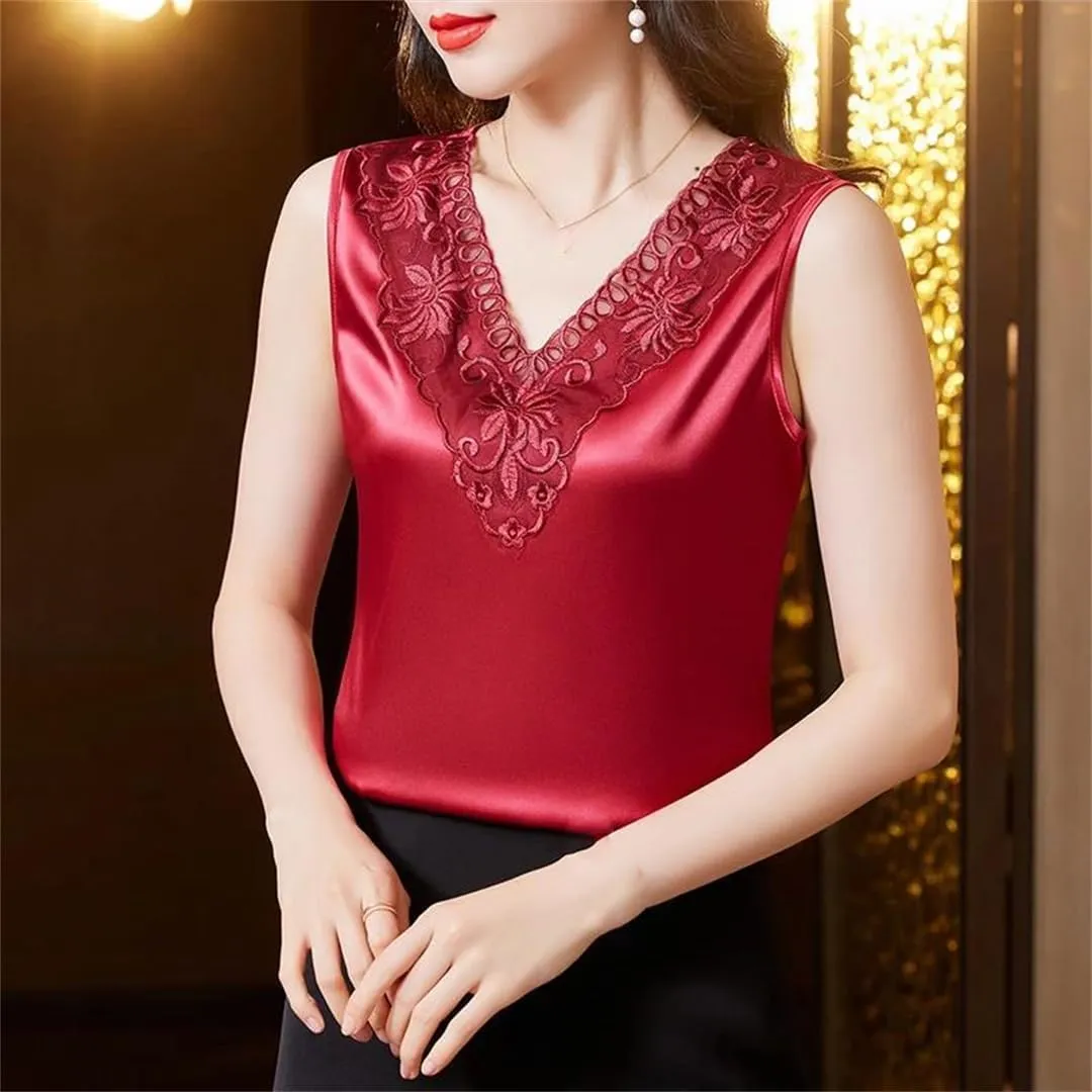 Korean Embroidered Lace Camisole Summer Women's Sleeveless Satin Tank Top Shirt V Neck Casual Tank Top