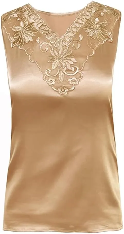 Korean Embroidered Lace Camisole Summer Women's Sleeveless Satin Tank Top Shirt V Neck Casual Tank Top