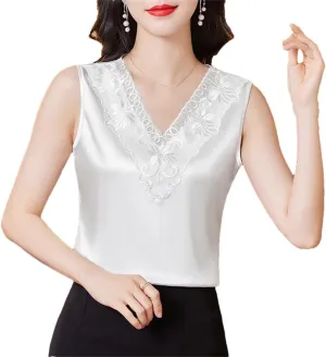 Korean Embroidered Lace Camisole Summer Women's Sleeveless Satin Tank Top Shirt V Neck Casual Tank Top
