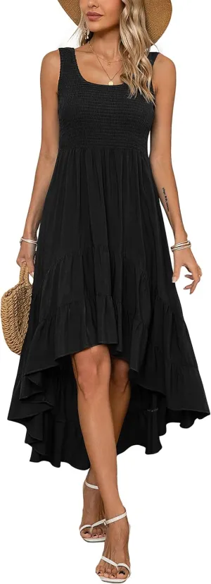 Kormei Women's Casual Smocked Tank Dress Sleeveless High Low Flowy Summer Beach Tiered Loose Maxi Long Dresses