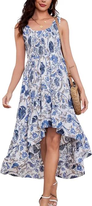 Kormei Women's Casual Smocked Tank Dress Sleeveless High Low Flowy Summer Beach Tiered Loose Maxi Long Dresses