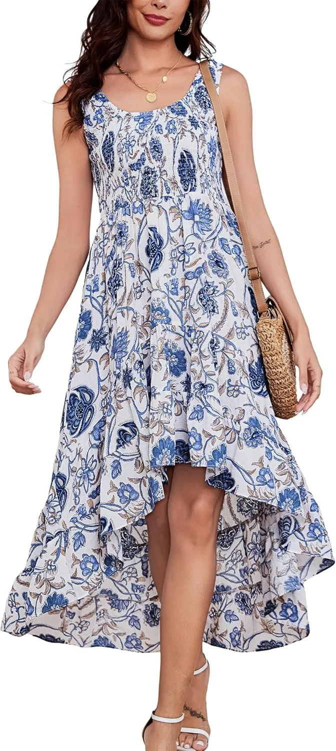Kormei Women's Casual Smocked Tank Dress Sleeveless High Low Flowy Summer Beach Tiered Loose Maxi Long Dresses