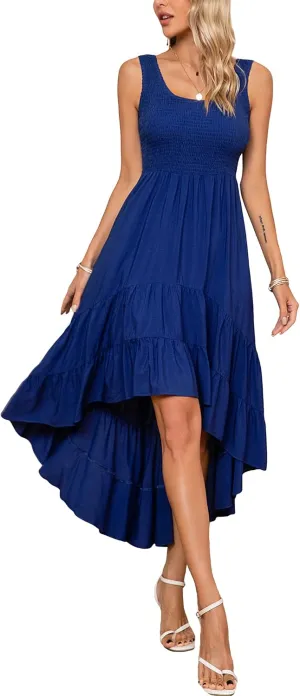 Kormei Women's Casual Smocked Tank Dress Sleeveless High Low Flowy Summer Beach Tiered Loose Maxi Long Dresses