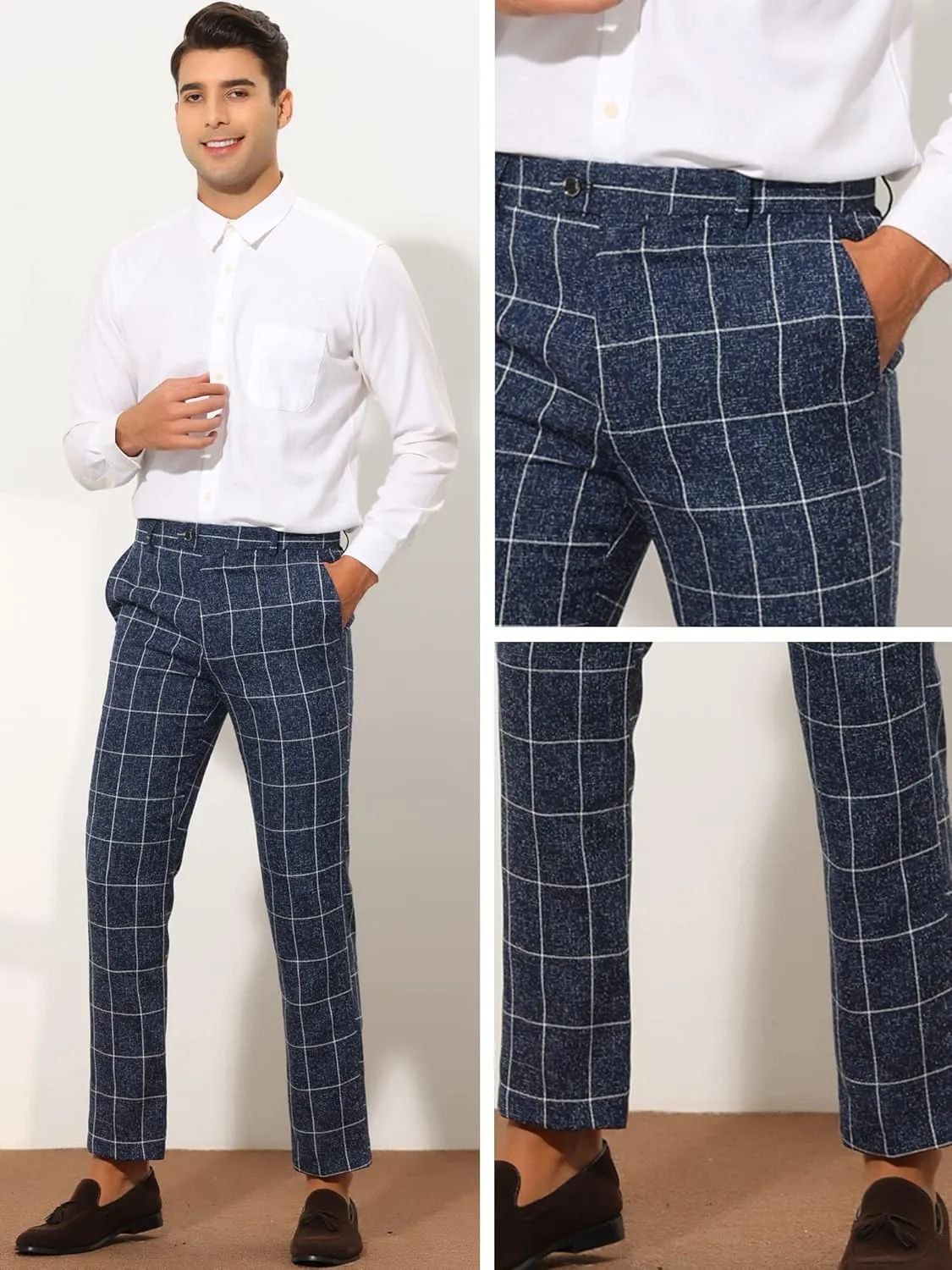 Lars Amadeus Formal Plaid Dress Pants for Men's Slim Fit Business Office Checked Suit Trousers
