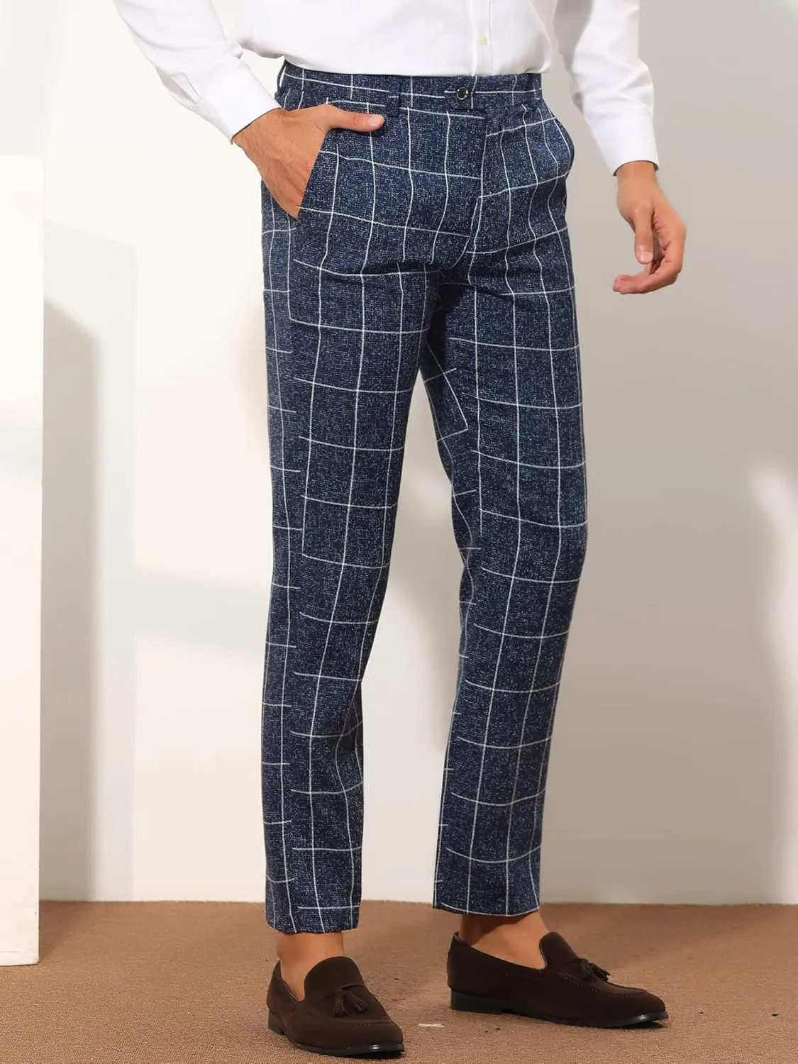 Lars Amadeus Formal Plaid Dress Pants for Men's Slim Fit Business Office Checked Suit Trousers