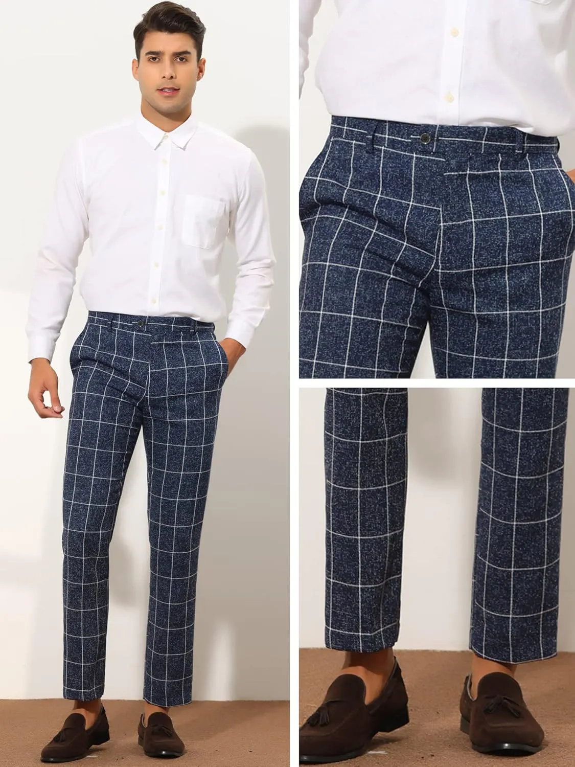 Lars Amadeus Formal Plaid Dress Pants for Men's Slim Fit Business Office Checked Suit Trousers