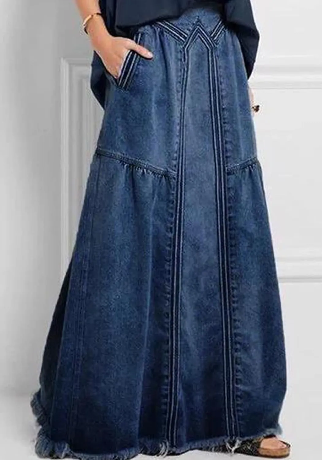 LETSVDO Women's Casual Maxi Denim Skirt Cargo High Waist A Line Asymmetrical Flowy Hippie Flare Long Jean Skirts