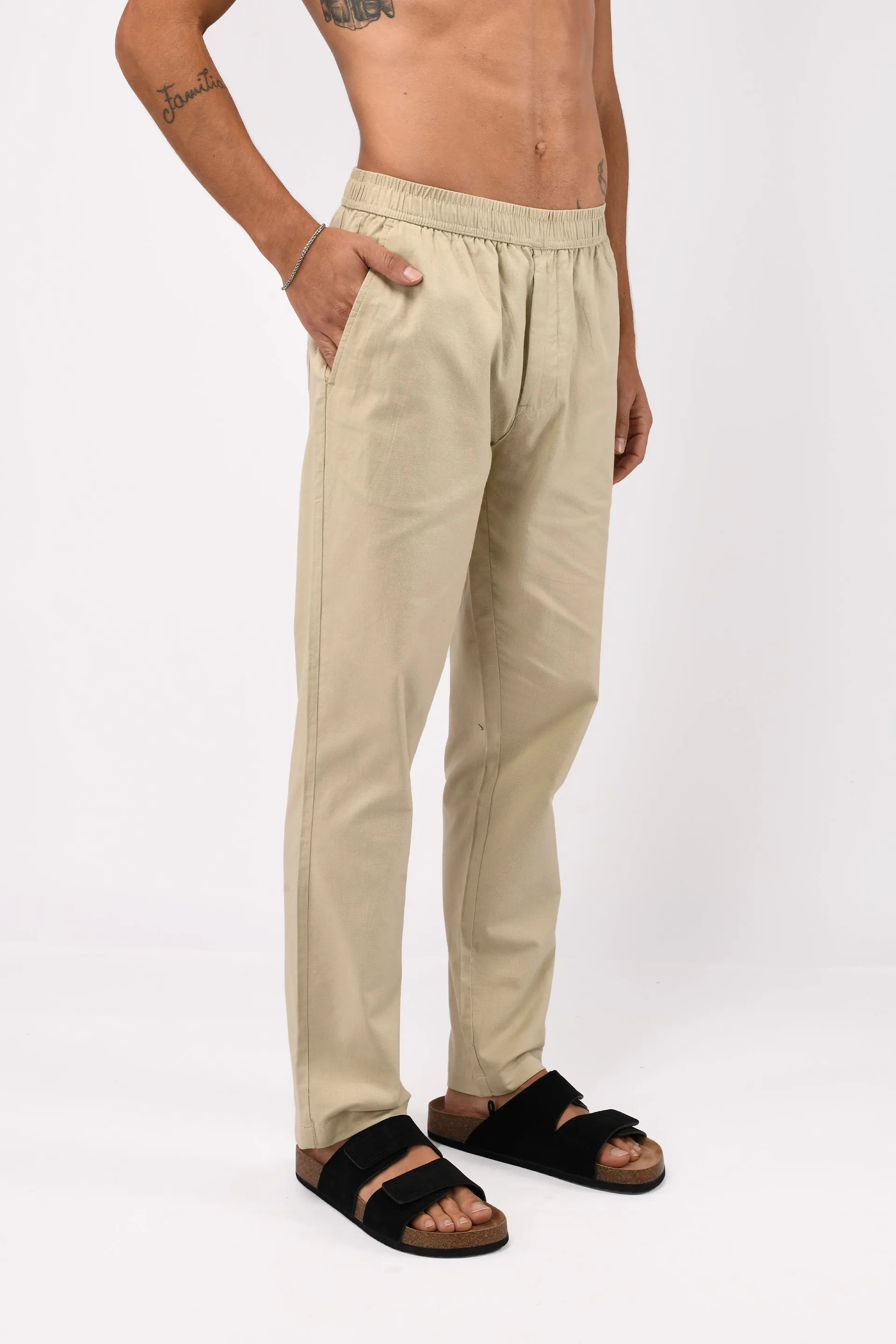 LINEN FUSED TAILORED  PANTS IN BEIGE