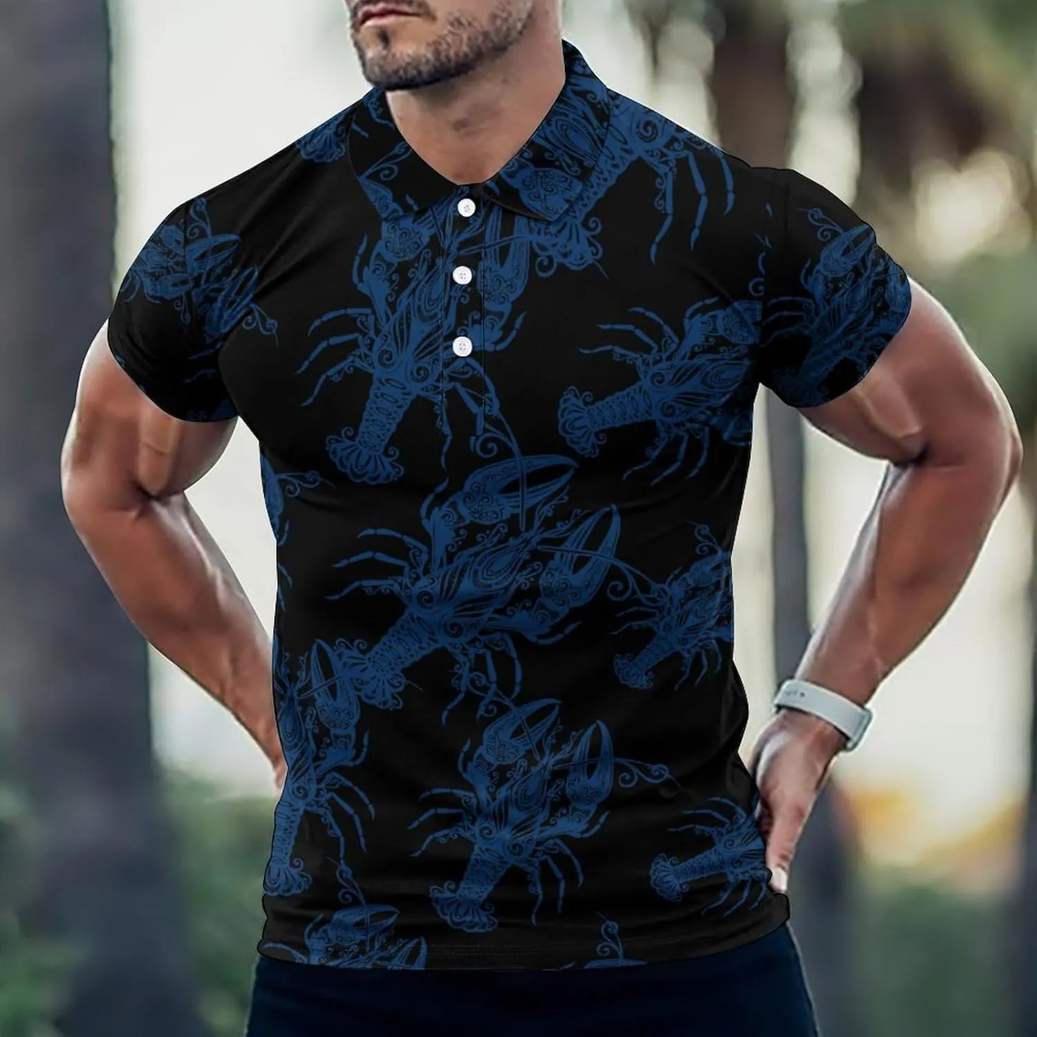 Lobster Mens Polo Shirts Quick Dry Short Sleeve T-shirts Slim Tennis Collared Tees Tops