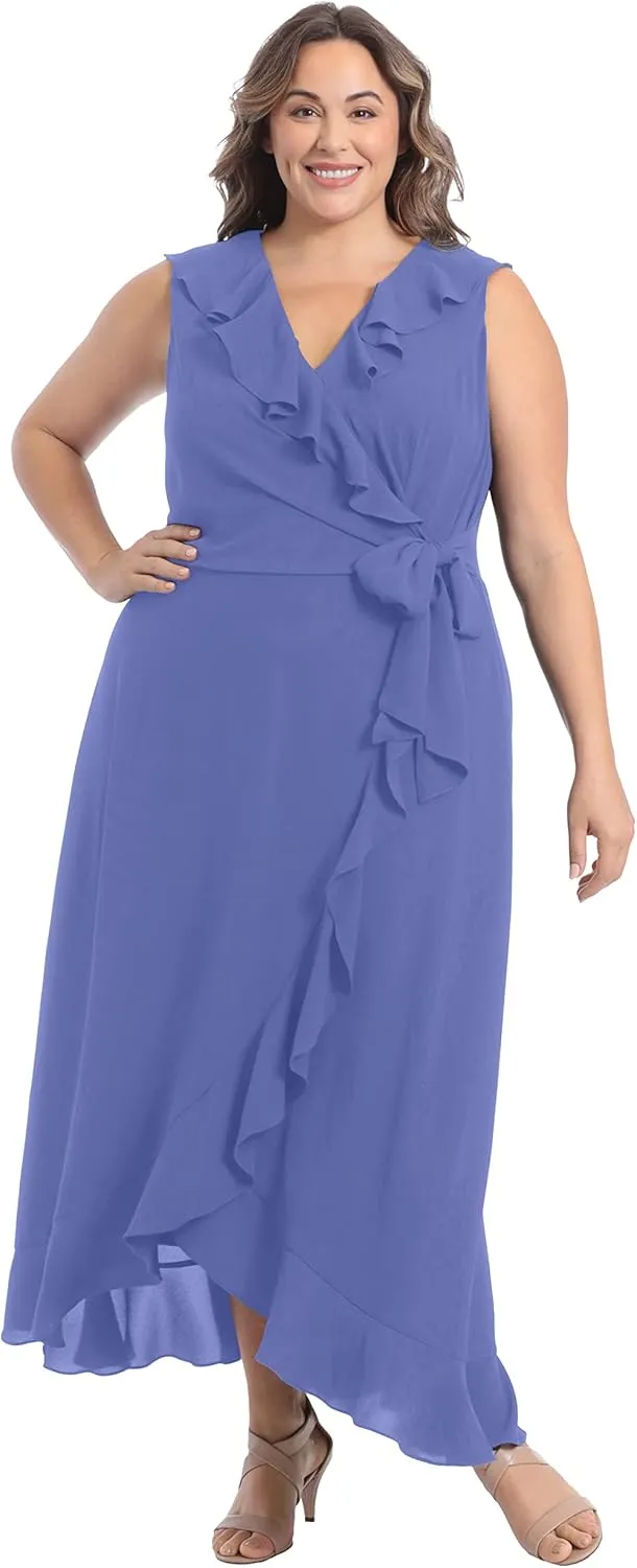 London Times Women's Petite Soft and Flowy Feminine Ruffle Hi-Low Faux Wrap Maxi Dress