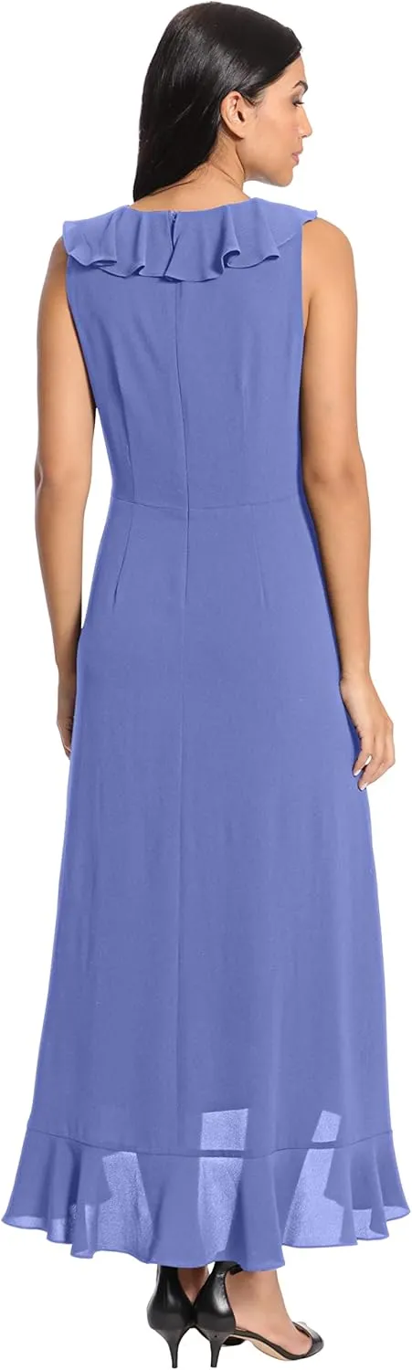 London Times Women's Petite Soft and Flowy Feminine Ruffle Hi-Low Faux Wrap Maxi Dress