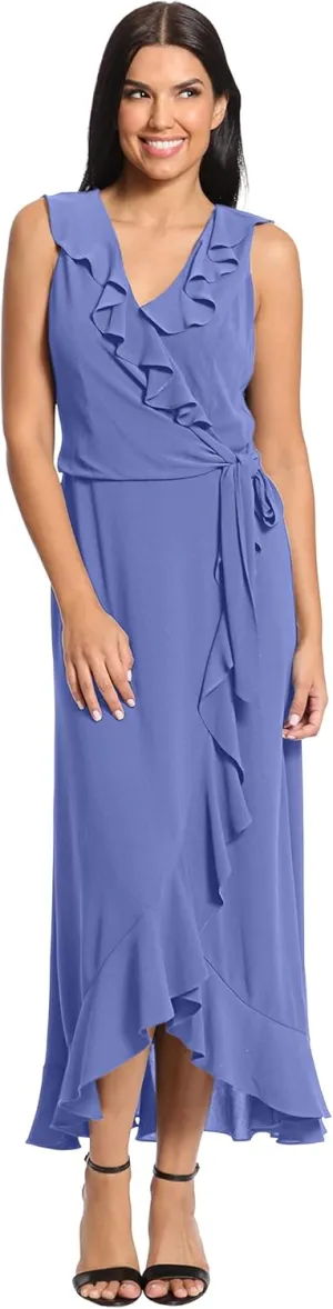 London Times Women's Petite Soft and Flowy Feminine Ruffle Hi-Low Faux Wrap Maxi Dress
