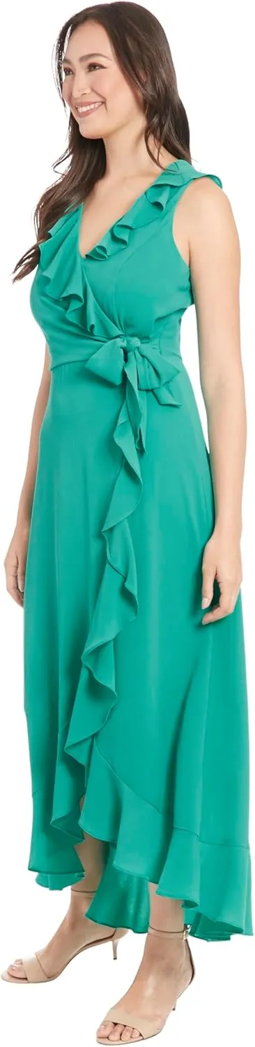 London Times Women's Petite Soft and Flowy Feminine Ruffle Hi-Low Faux Wrap Maxi Dress