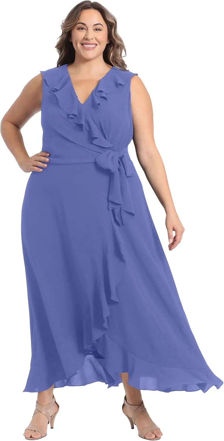 London Times Women's Petite Soft and Flowy Feminine Ruffle Hi-Low Faux Wrap Maxi Dress
