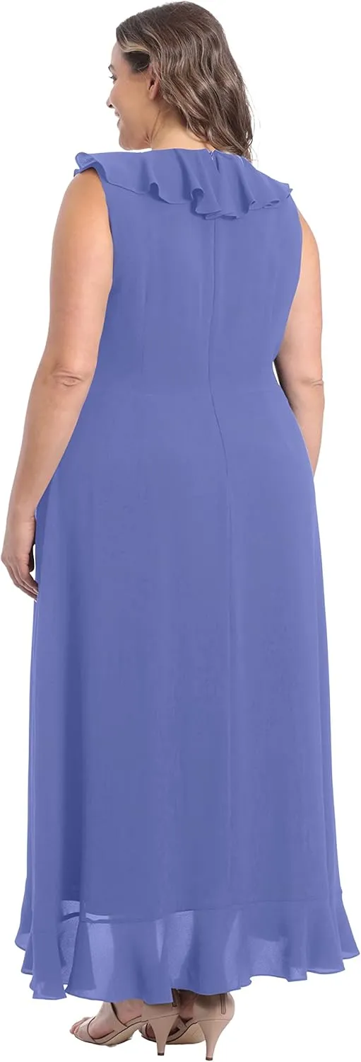London Times Women's Petite Soft and Flowy Feminine Ruffle Hi-Low Faux Wrap Maxi Dress