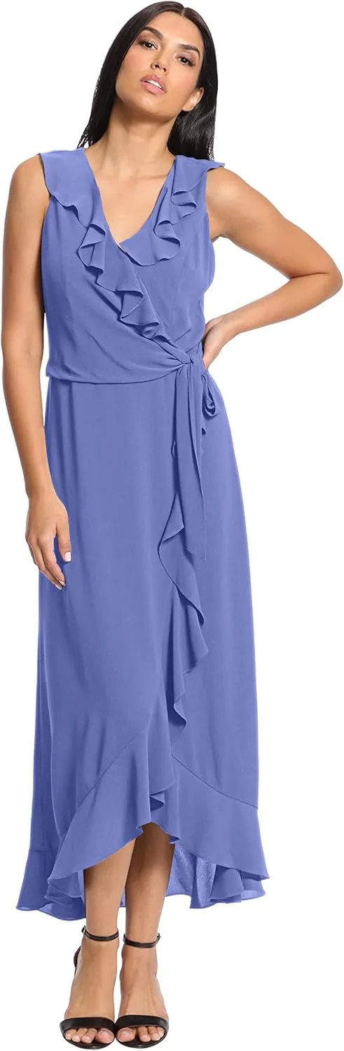 London Times Women's Petite Soft and Flowy Feminine Ruffle Hi-Low Faux Wrap Maxi Dress
