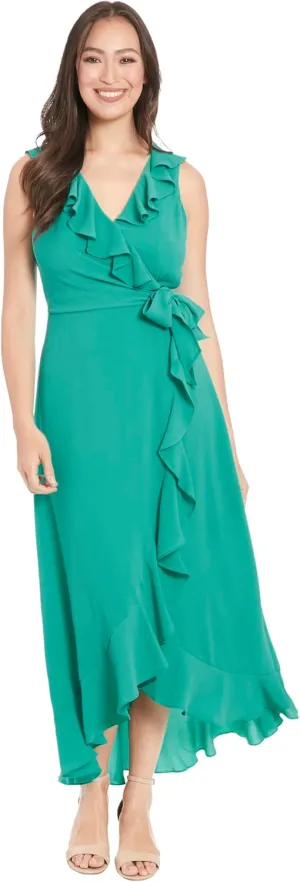 London Times Women's Petite Soft and Flowy Feminine Ruffle Hi-Low Faux Wrap Maxi Dress