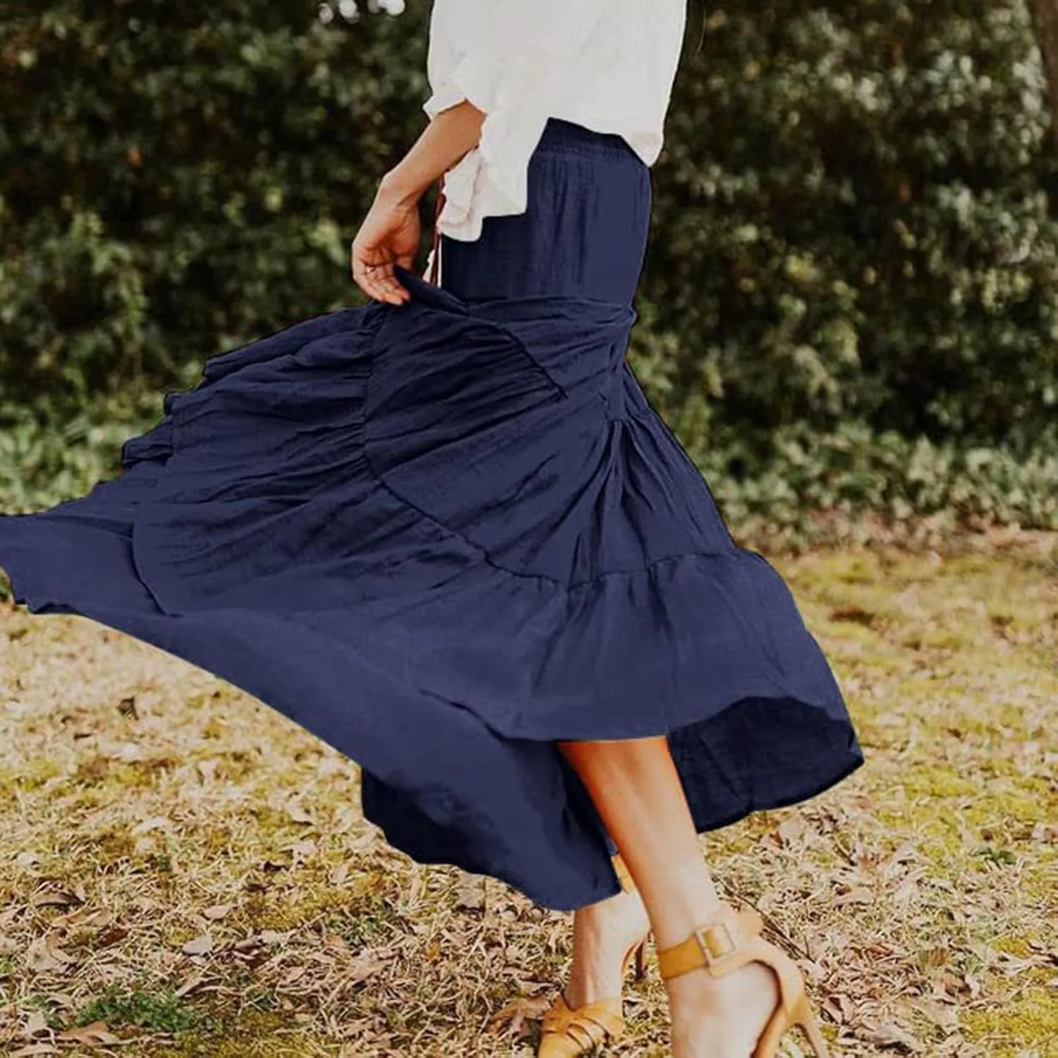 Long Skirts for Women Boho High Waisted Trendy A-Line Cute Skirts Solid Color Ruffle Pleated Skirt Maxi Skirt