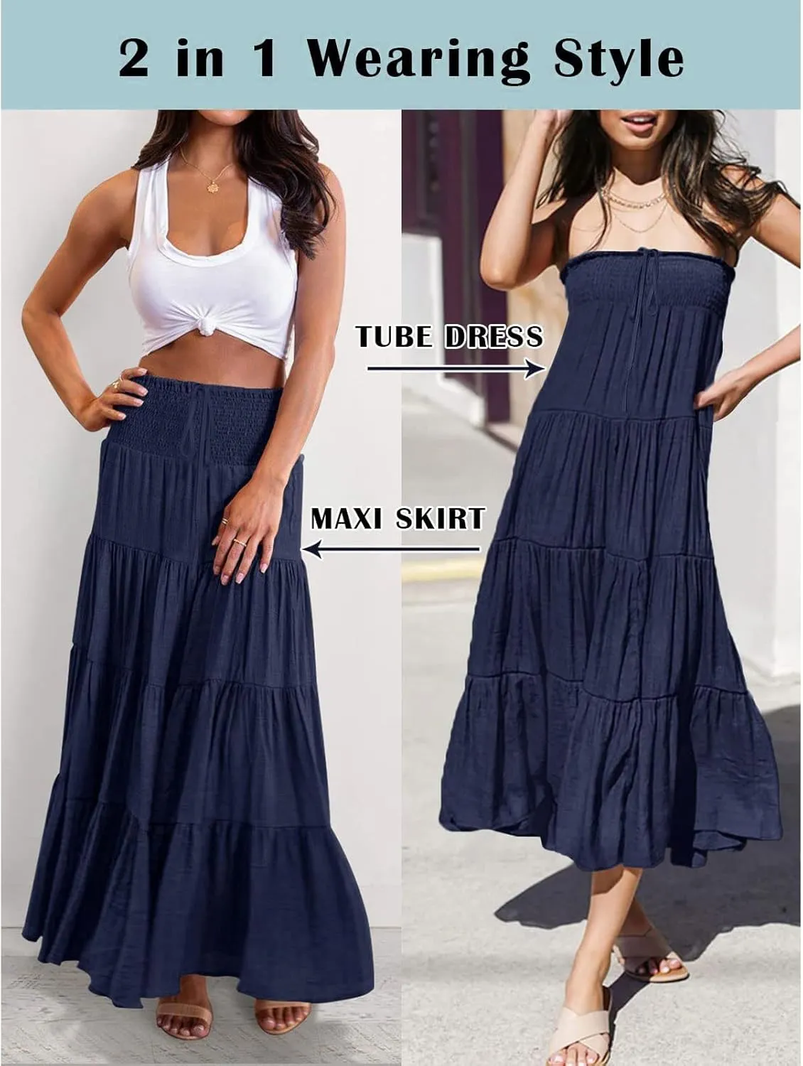 Long Skirts for Women Boho High Waisted Trendy A-Line Cute Skirts Solid Color Ruffle Pleated Skirt Maxi Skirt
