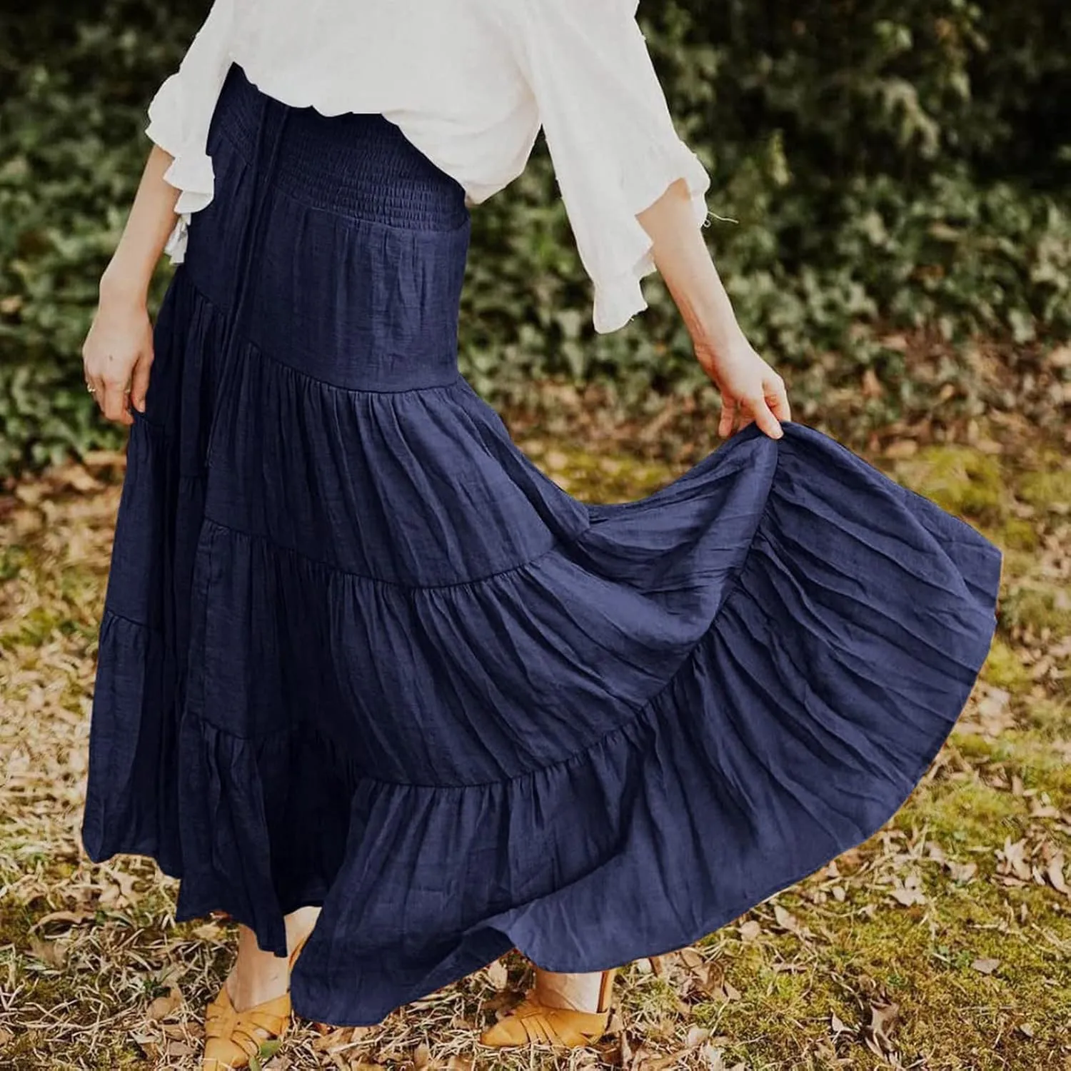 Long Skirts for Women Boho High Waisted Trendy A-Line Cute Skirts Solid Color Ruffle Pleated Skirt Maxi Skirt