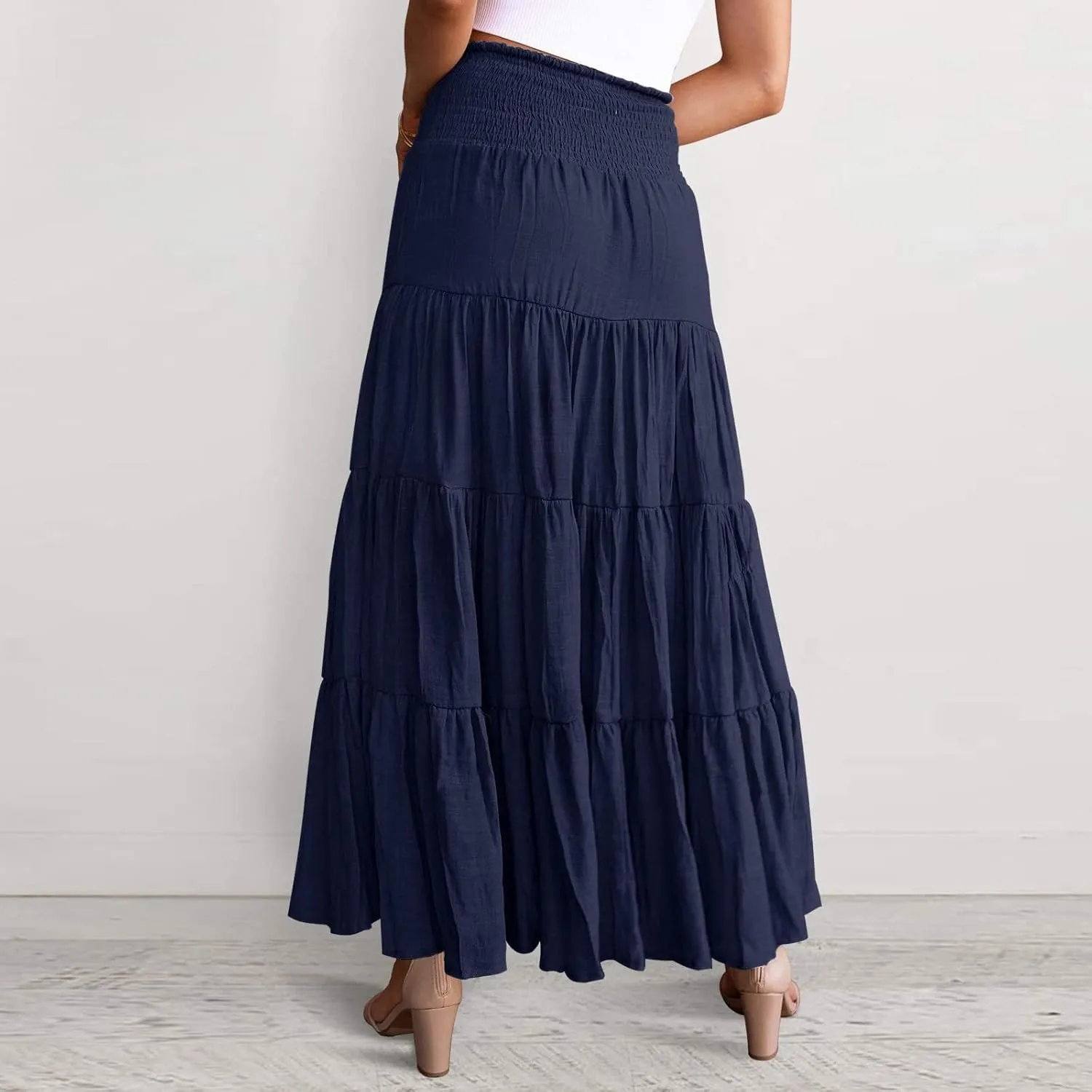 Long Skirts for Women Boho High Waisted Trendy A-Line Cute Skirts Solid Color Ruffle Pleated Skirt Maxi Skirt