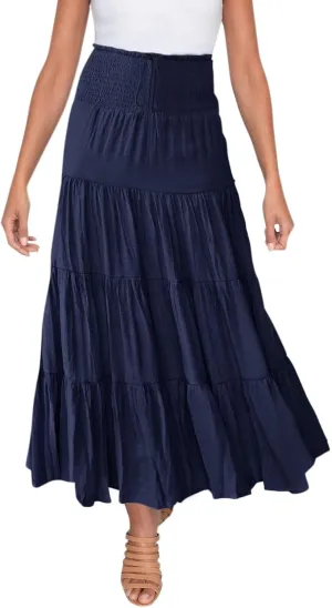Long Skirts for Women Boho High Waisted Trendy A-Line Cute Skirts Solid Color Ruffle Pleated Skirt Maxi Skirt