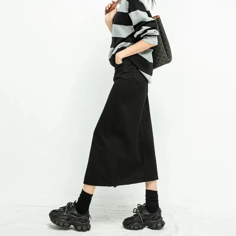 LVSANW Split Denim Skirt For Women High Waisted Loose A-line Skirt Korean Elegant Black Skirts 2024 Autumn Fashion Mid length Skirts