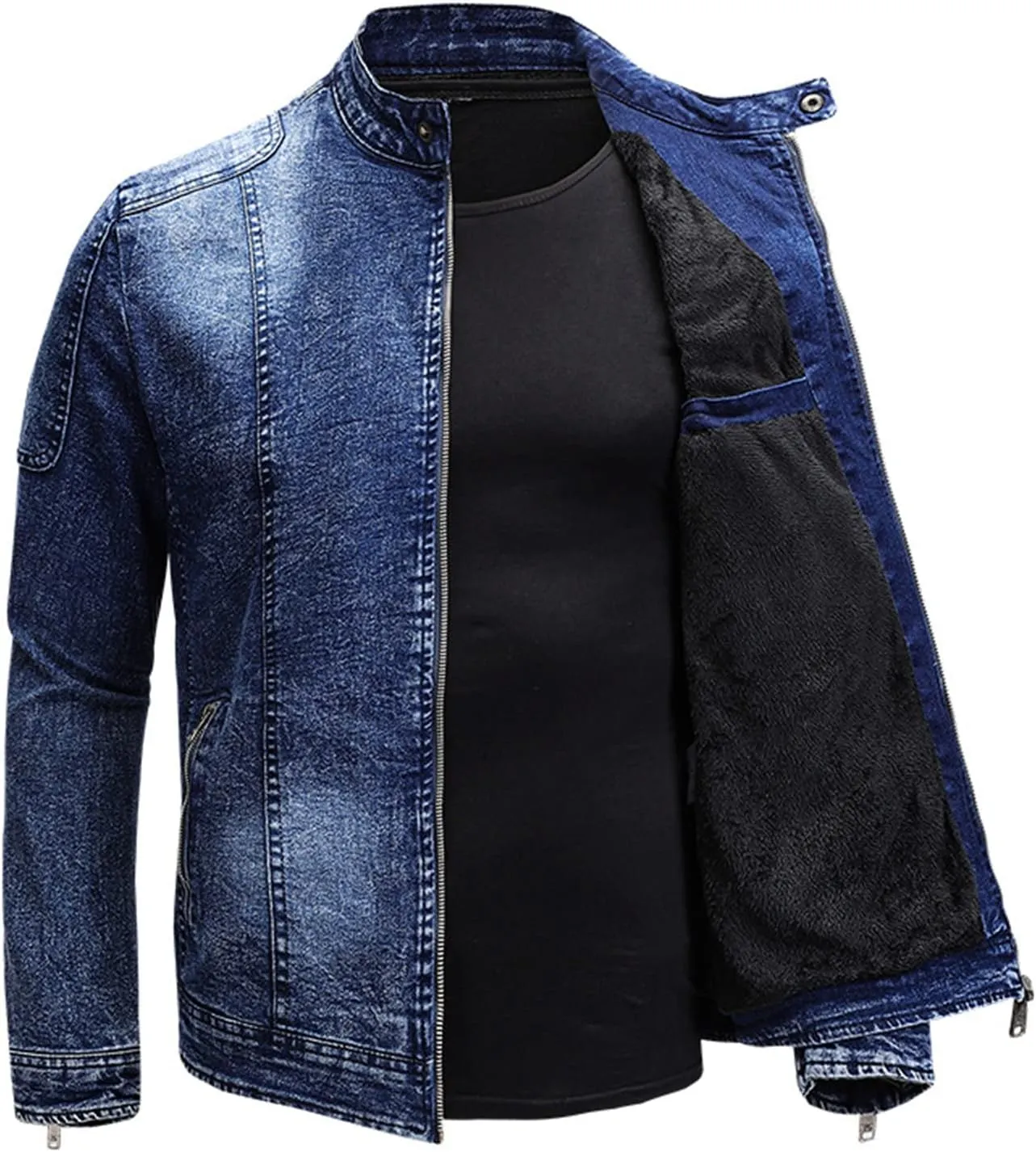Maiyifu-GJ Men's Fleece Lined Denim Jacket Stand Collar Distressed Biker Jean Jacket Slim Fit Zipper Warm Moto Trucker Coat