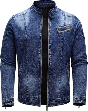 Maiyifu-GJ Men's Fleece Lined Denim Jacket Stand Collar Distressed Biker Jean Jacket Slim Fit Zipper Warm Moto Trucker Coat