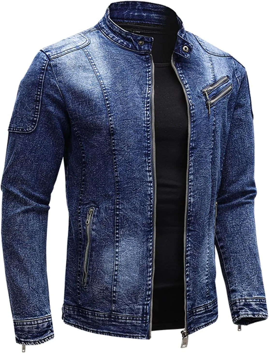 Maiyifu-GJ Men's Fleece Lined Denim Jacket Stand Collar Distressed Biker Jean Jacket Slim Fit Zipper Warm Moto Trucker Coat