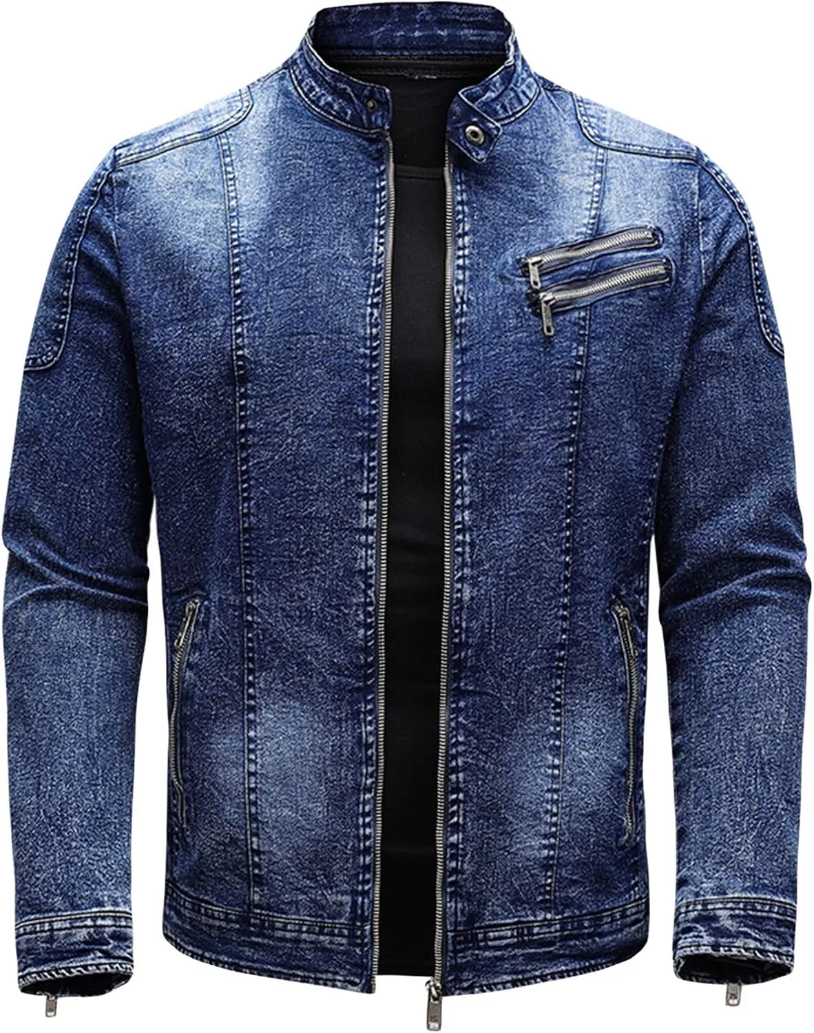 Maiyifu-GJ Men's Fleece Lined Denim Jacket Stand Collar Distressed Biker Jean Jacket Slim Fit Zipper Warm Moto Trucker Coat