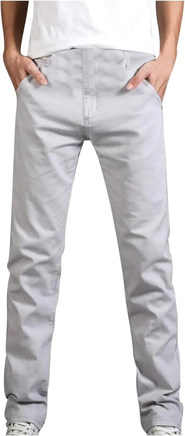 Men's Basic Skinny Pants Slim Fit Stretch Straight Leg Fashion Pants Classic Solid Color Cotton Trousers